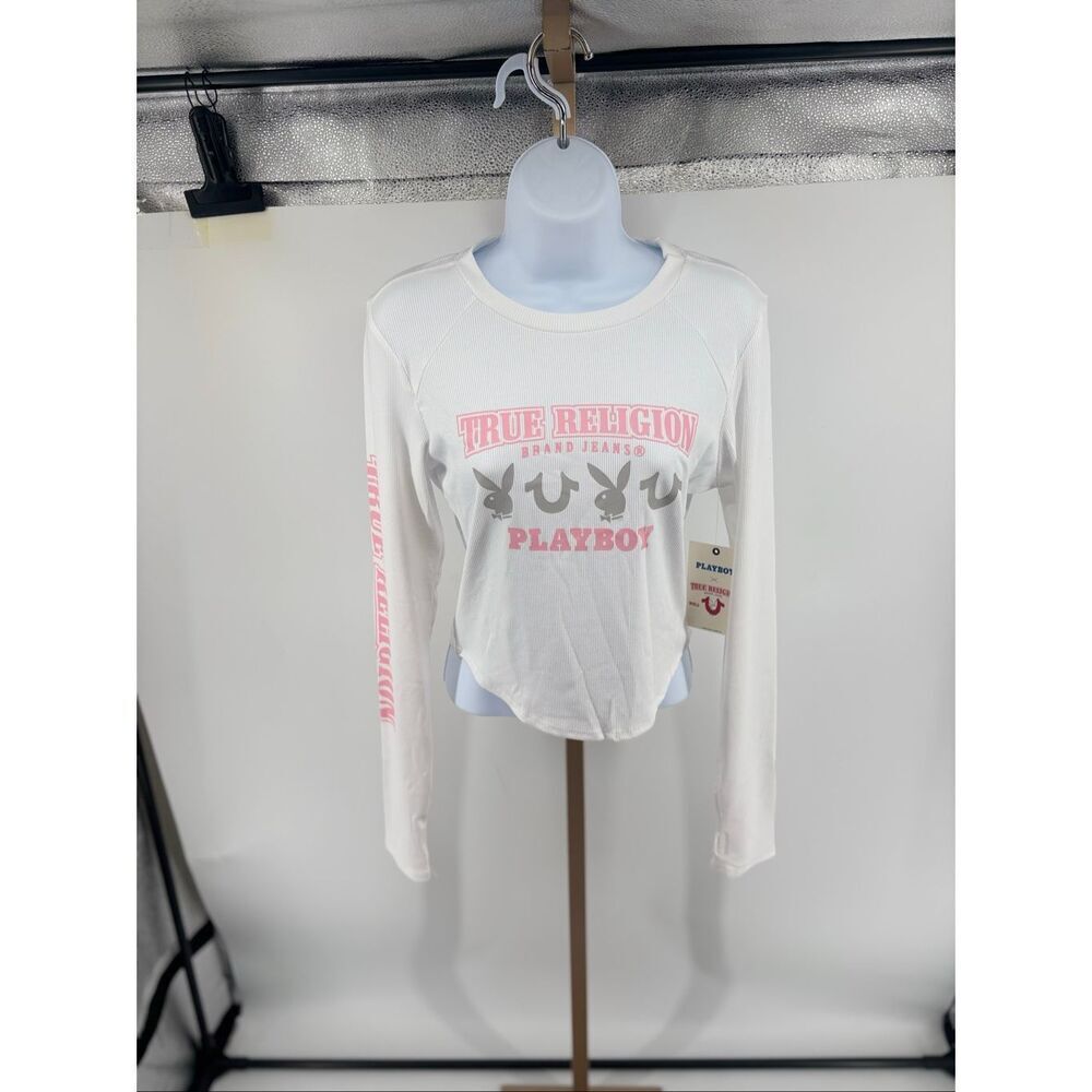 True Religion × Playboy LS Crop Top Thumbhole NWT Size M Optic White Pink